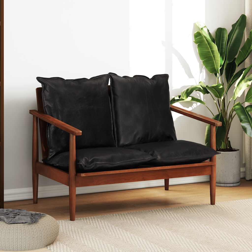 Dvivietė sofa, juodos spalvos, tikra oda ir akacijos masyvas