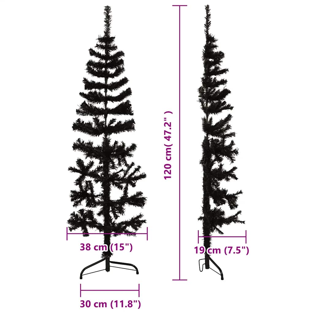 Siaura dirbtinė pusinė Kalėdų eglutė su stovu, juoda, 120cm