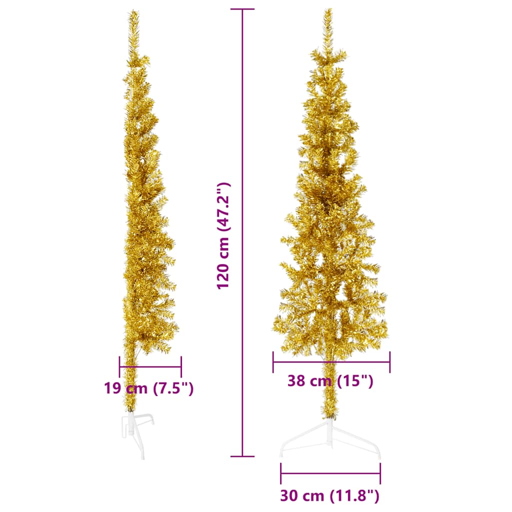 Siaura dirbtinė pusinė Kalėdų eglutė su stovu, auksinė, 120cm