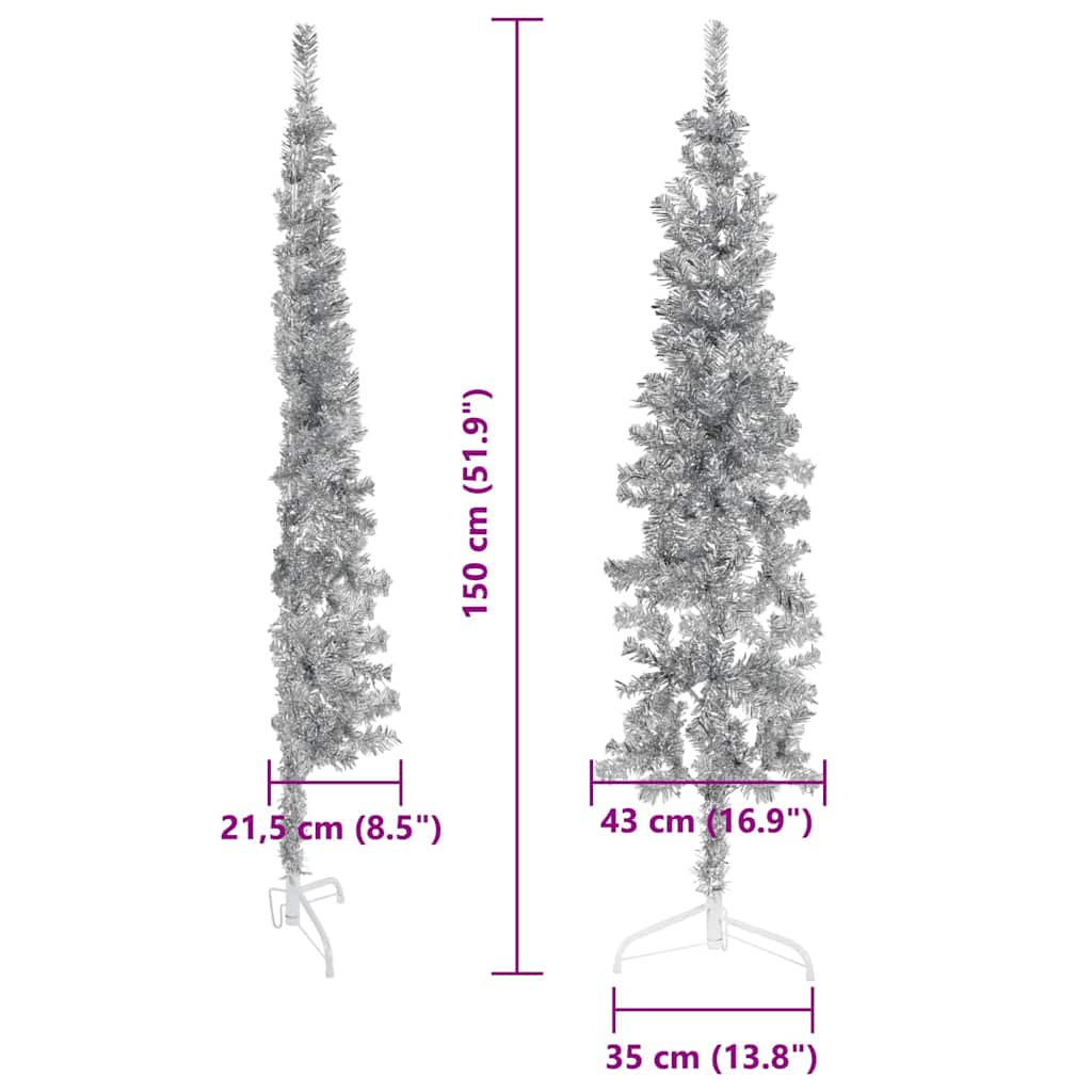 Siaura dirbtinė pusinė Kalėdų eglutė su stovu, sidabrinė, 150cm