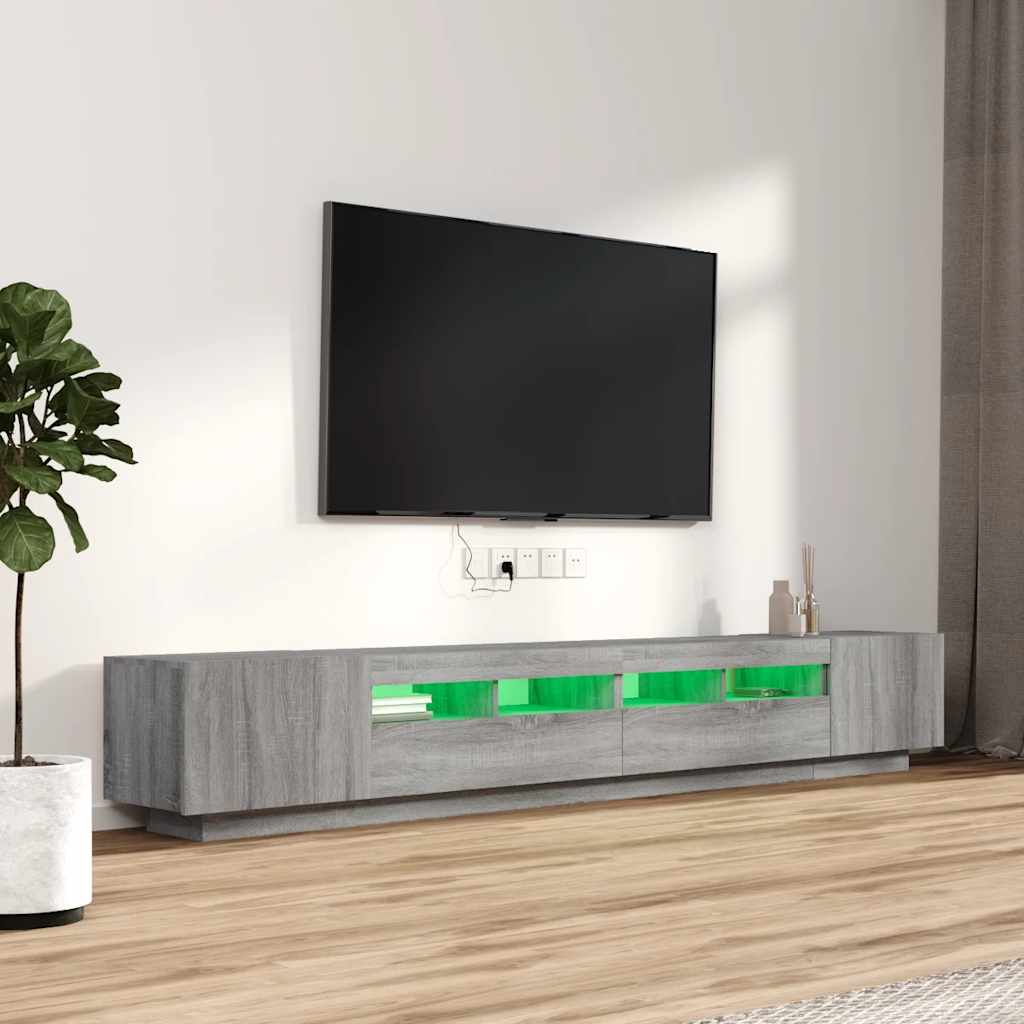 TV spintelių komplektas su LED, 3 dalių, pilkas ąžuolo, mediena