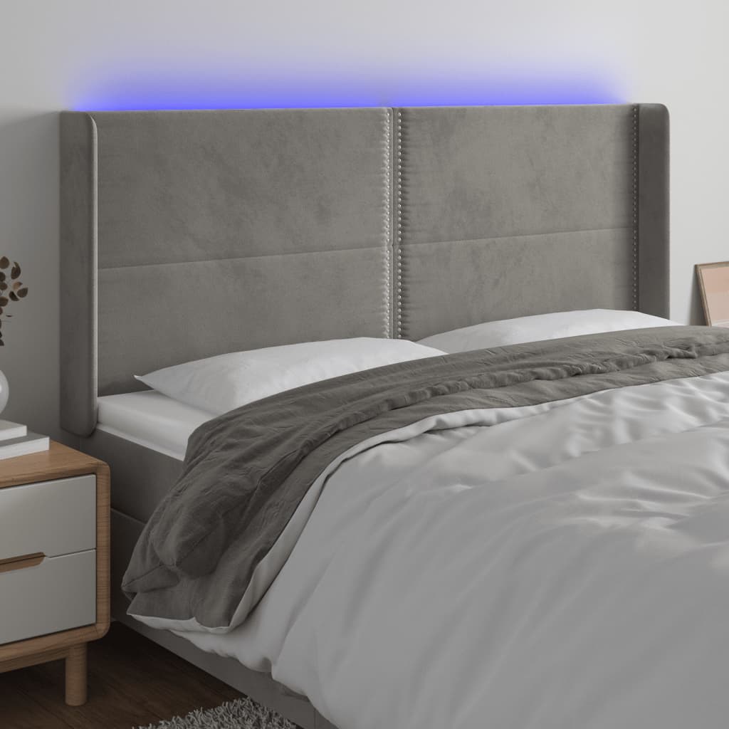 Galvūgalis su LED, šviesiai pilkas, 203x16x118/128cm, aksomas