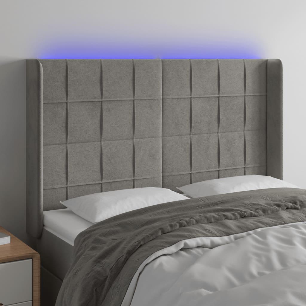 Galvūgalis su LED, šviesiai pilkas, 147x16x118/128cm, aksomas
