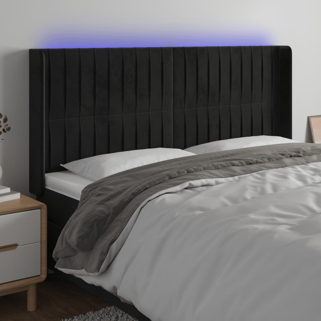 Galvūgalis su LED, juodos spalvos, 183x16x118/128cm, aksomas