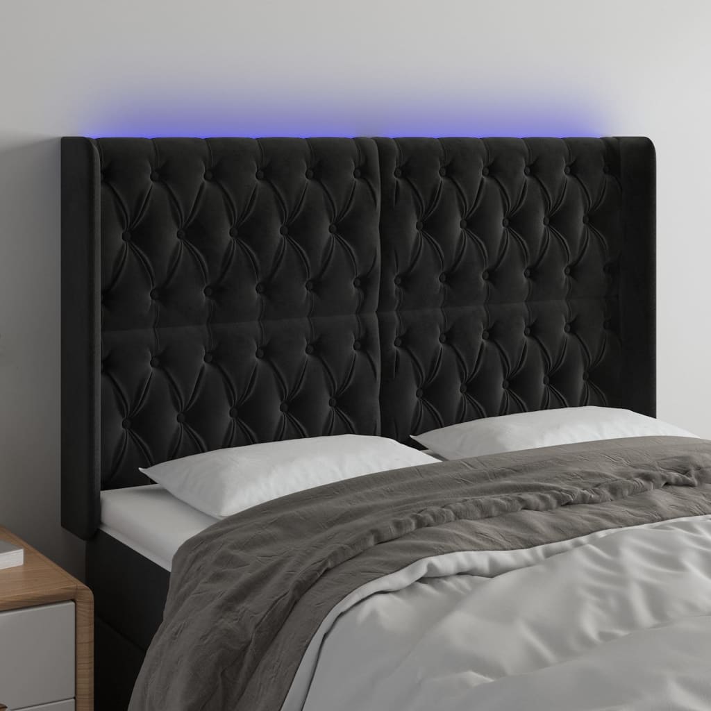 Galvūgalis su LED, juodos spalvos, 147x16x118/128cm, aksomas
