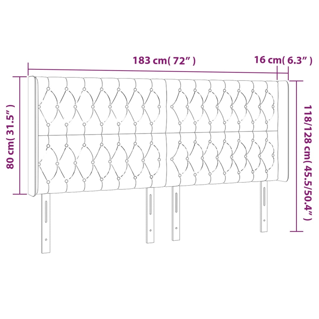 Galvūgalis su LED, juodos spalvos, 183x16x118/128cm, aksomas