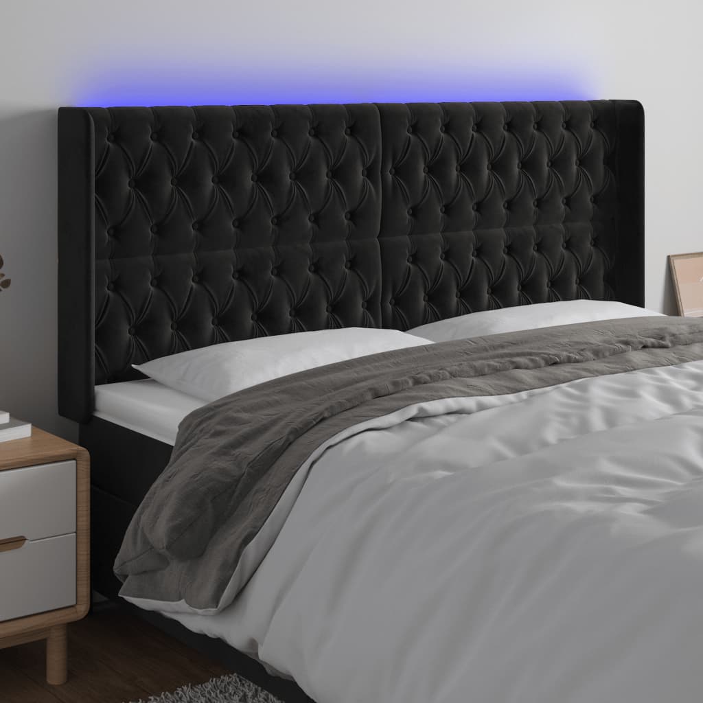 Galvūgalis su LED, juodos spalvos, 183x16x118/128cm, aksomas