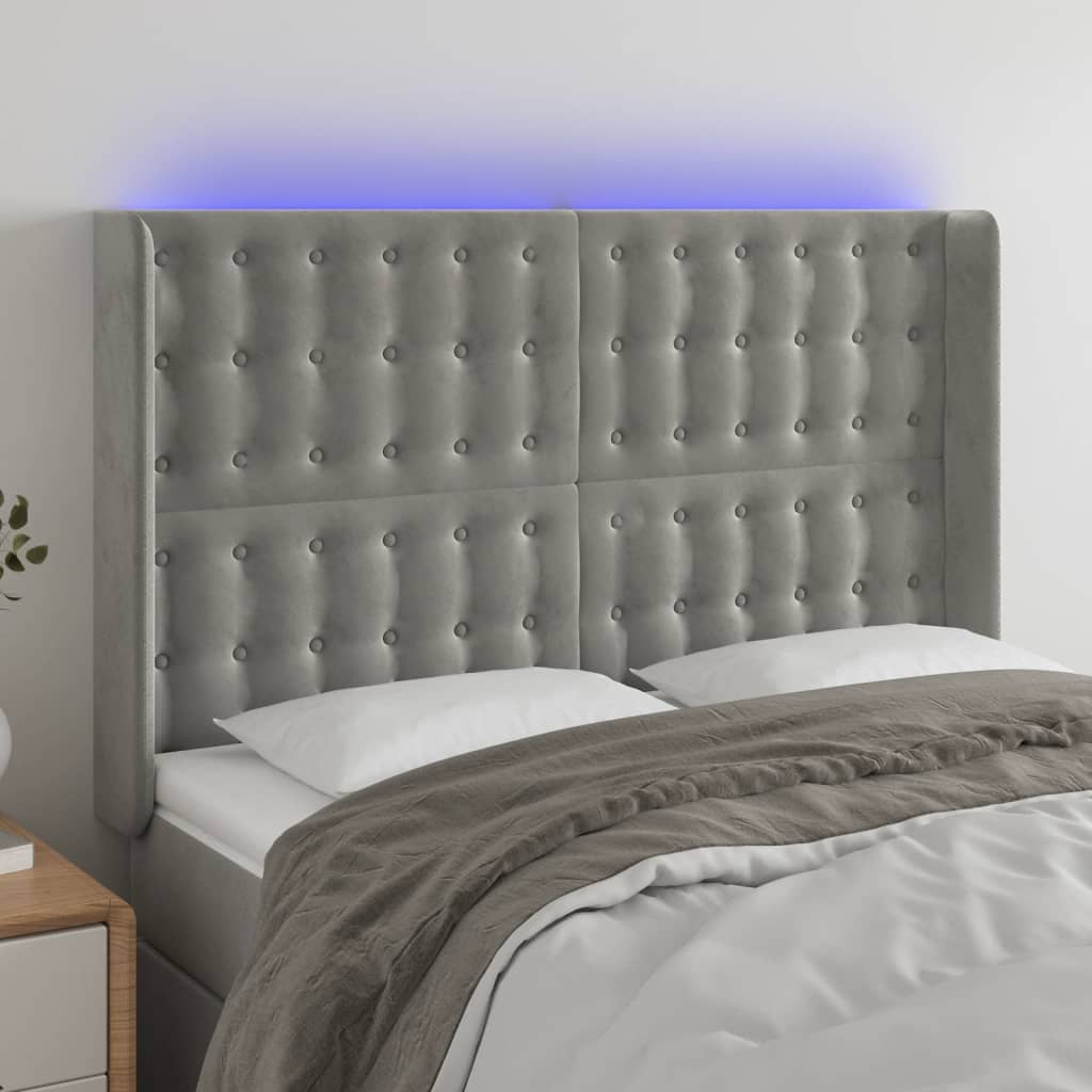Galvūgalis su LED, šviesiai pilkas, 147x16x118/128cm, aksomas