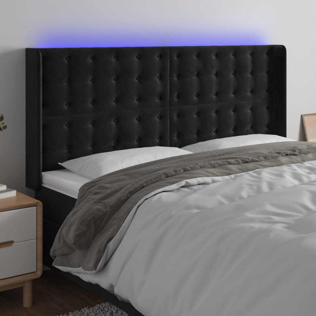 Galvūgalis su LED, juodos spalvos, 183x16x118/128cm, aksomas