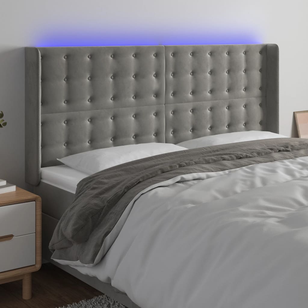 Galvūgalis su LED, šviesiai pilkas, 203x16x118/128cm, aksomas