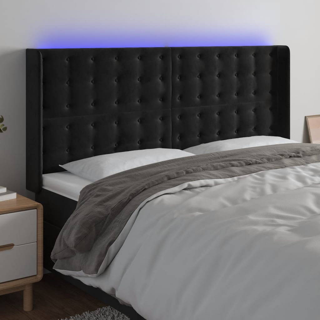Galvūgalis su LED, juodos spalvos, 203x16x118/128cm, aksomas