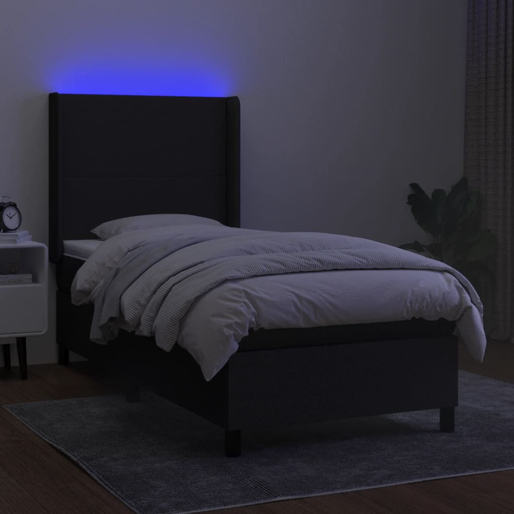 Lova su spyruoklėmis/čiužiniu/LED, juoda, 90x200 cm, audinys