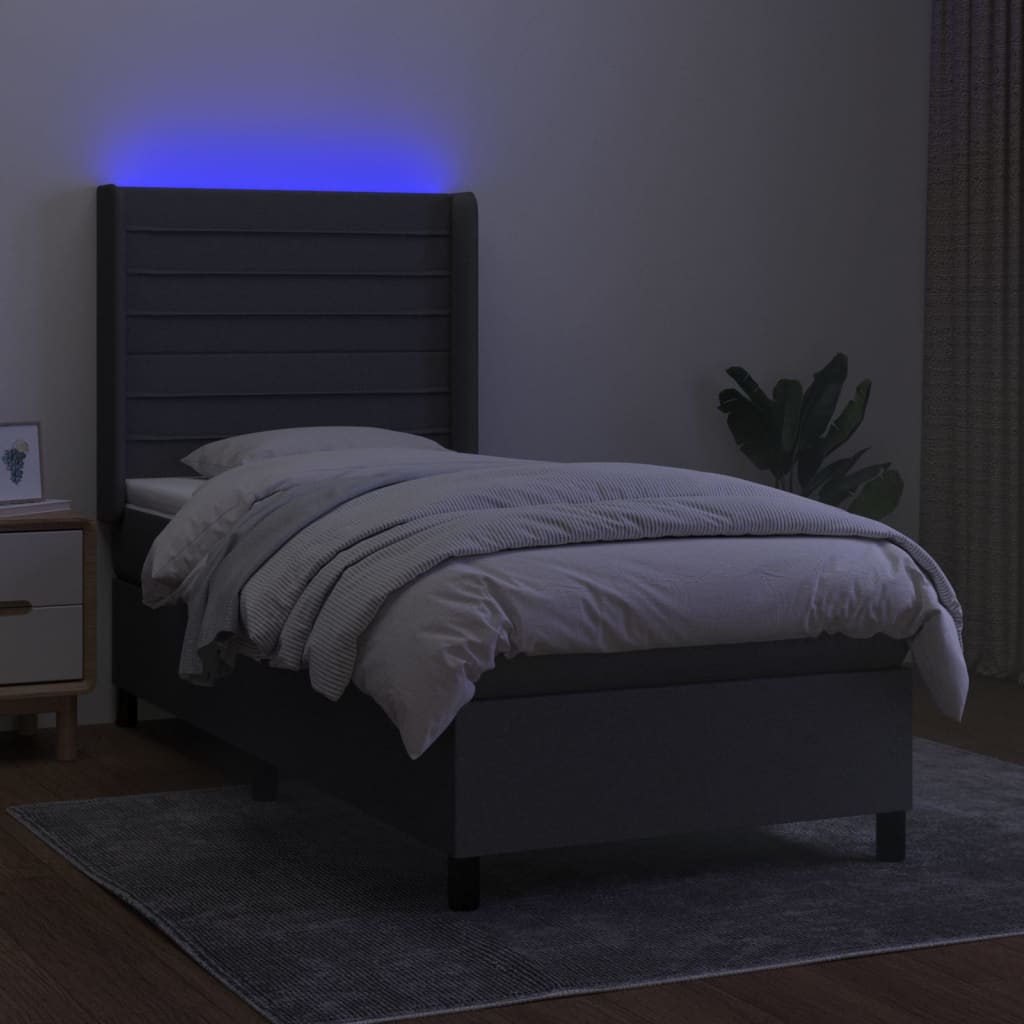 Lova su spyruoklėmis/čiužiniu/LED, pilka, 90x200 cm, audinys