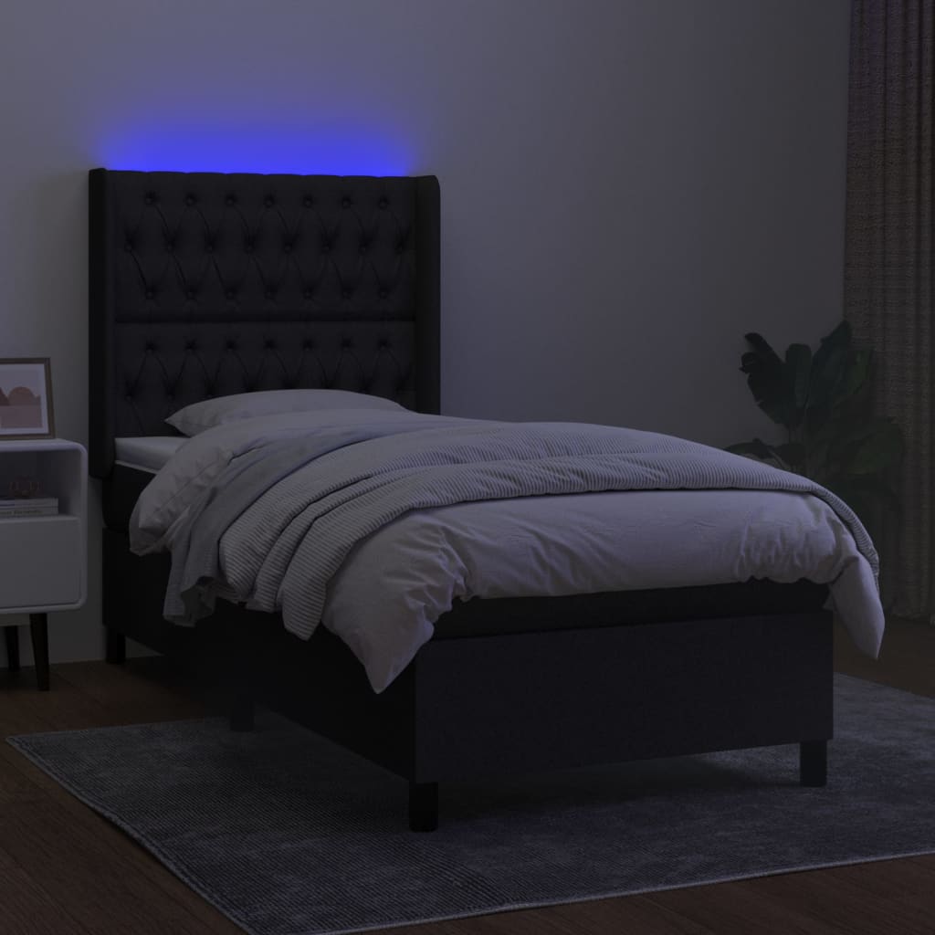 Lova su spyruoklėmis/čiužiniu/LED, juoda, 90x200 cm, audinys