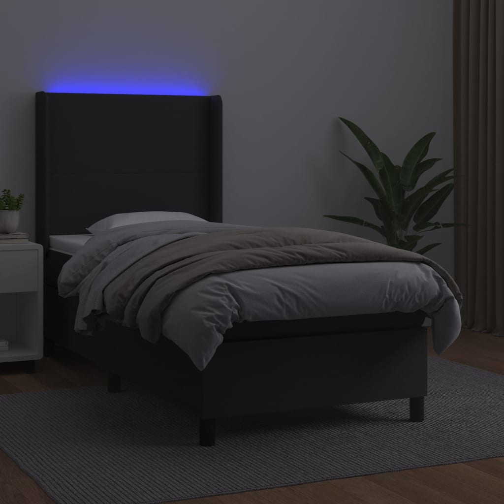Lova su spyruoklėmis/čiužiniu/LED, juoda, 90x200cm dirbtinė oda