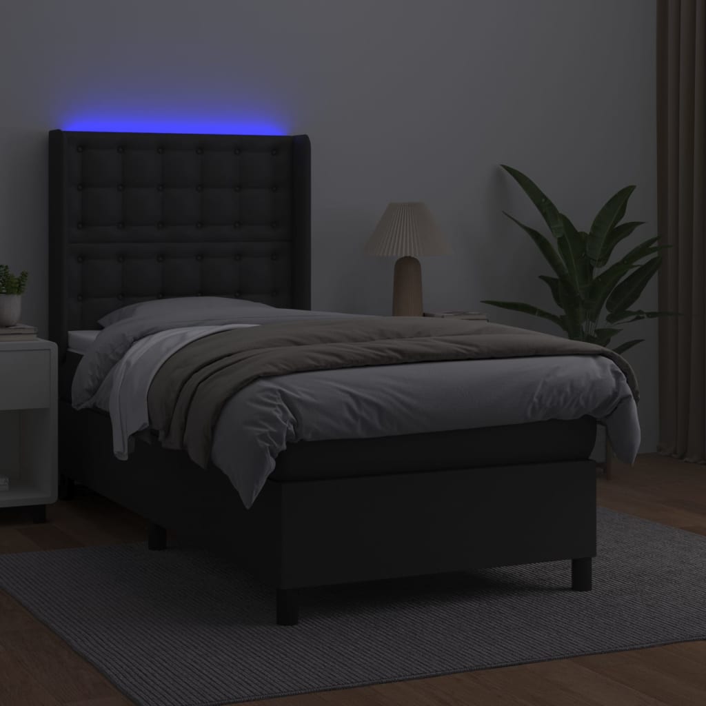 Lova su spyruoklėmis/čiužiniu/LED, juoda, 90x200cm dirbtinė oda