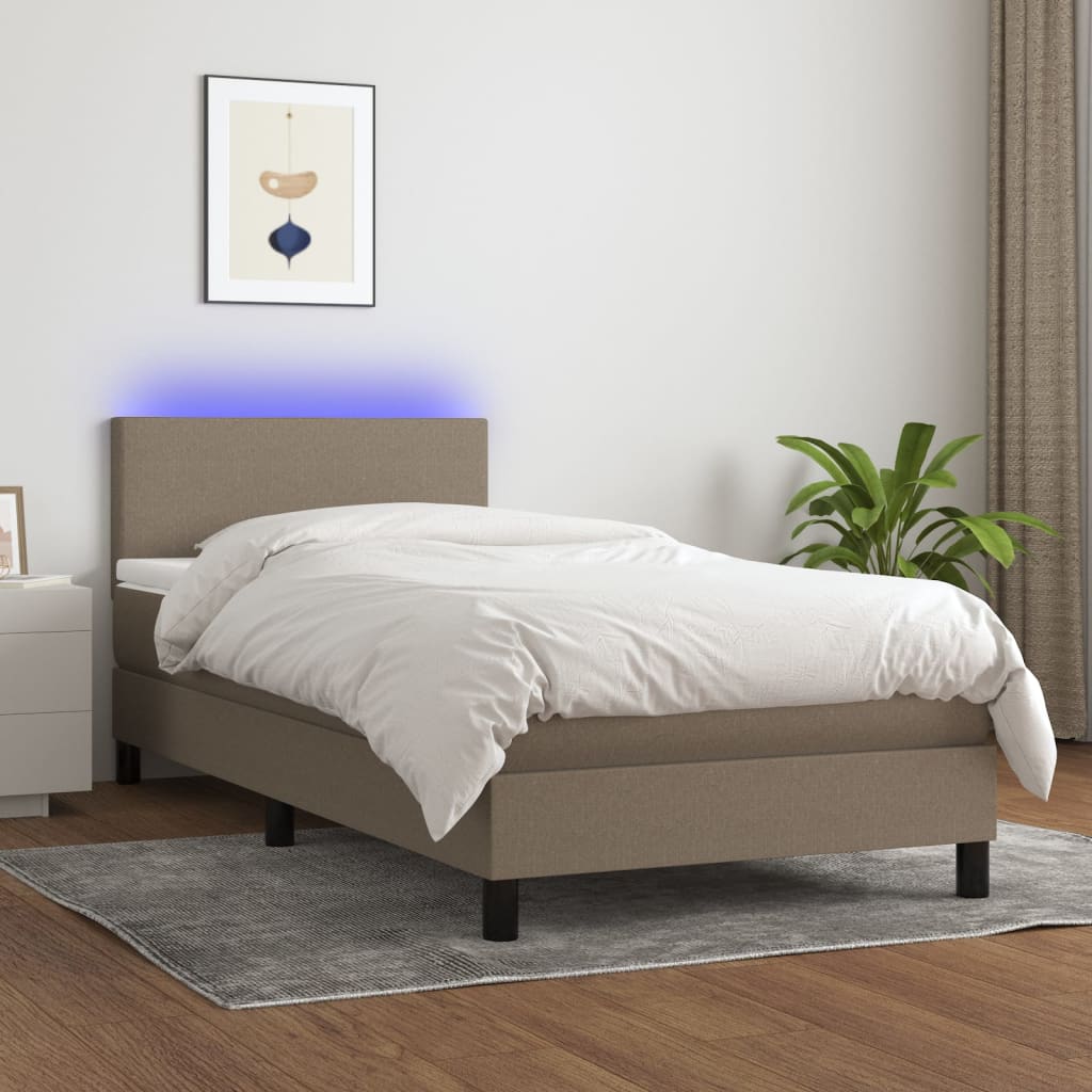 Lova su spyruoklėmis/čiužiniu/LED, taupe, 90x200 cm, audinys