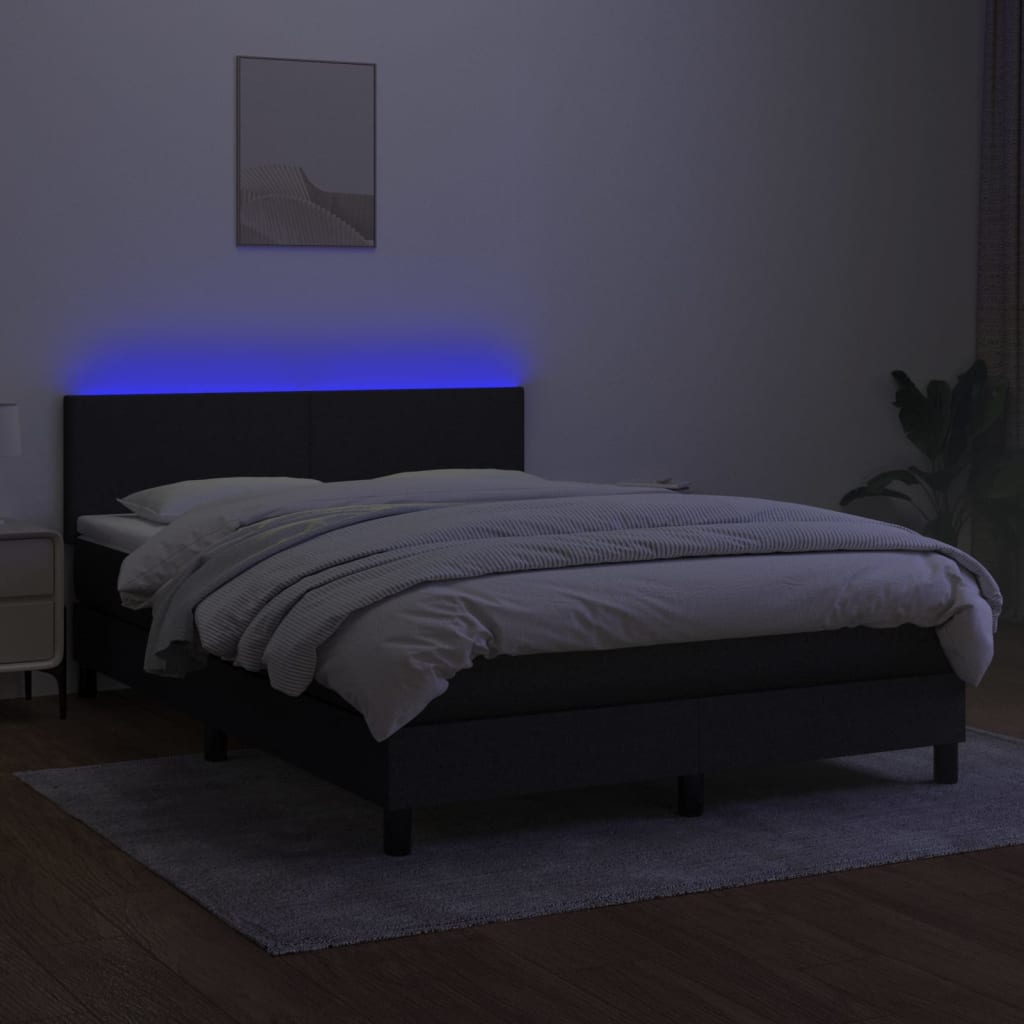 Lova su spyruoklėmis/čiužiniu/LED, juoda, 140x200 cm, audinys