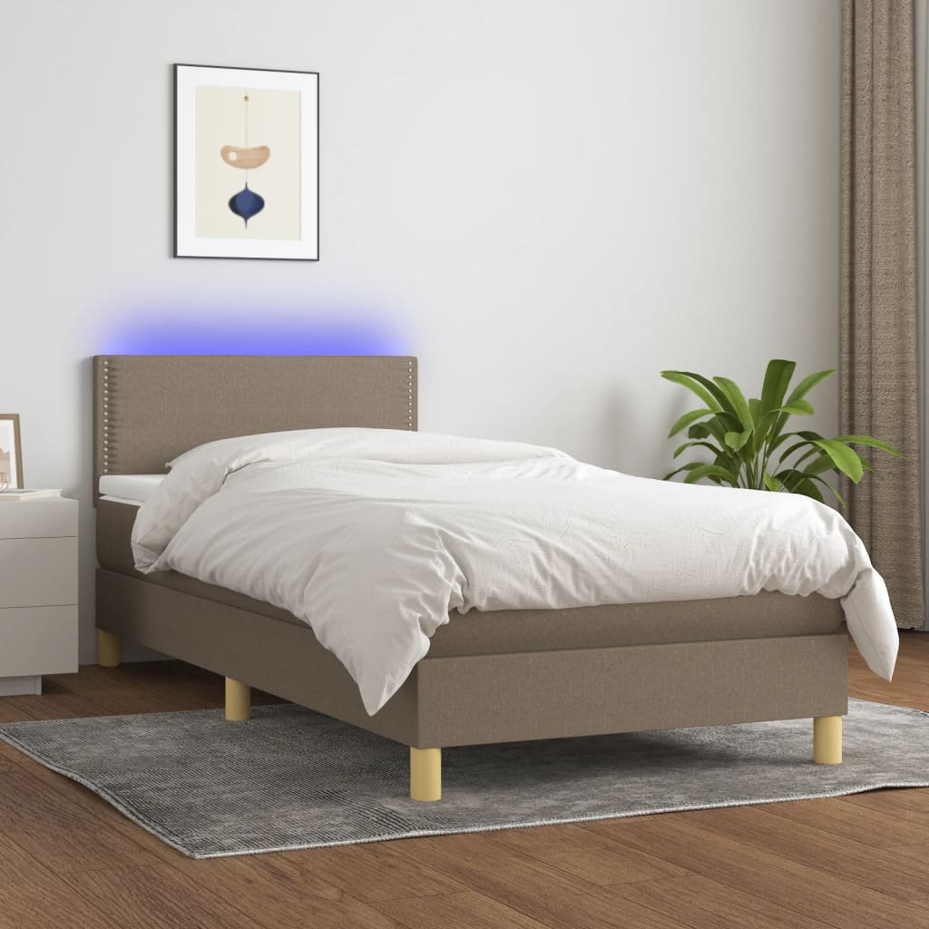 Lova su spyruoklėmis/čiužiniu/LED, taupe, 90x200 cm, audinys