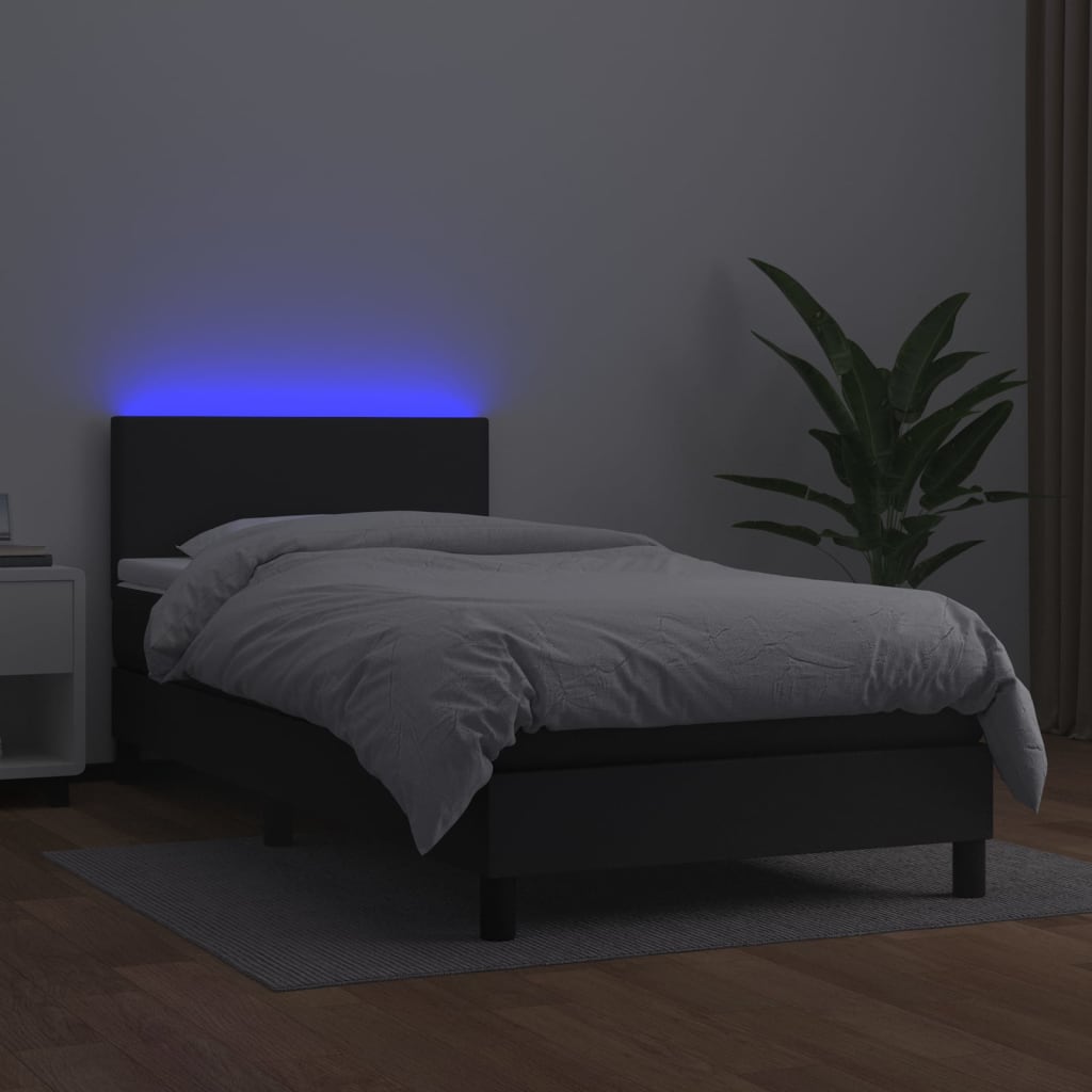Lova su spyruoklėmis/čiužiniu/LED, juoda, 90x200cm dirbtinė oda