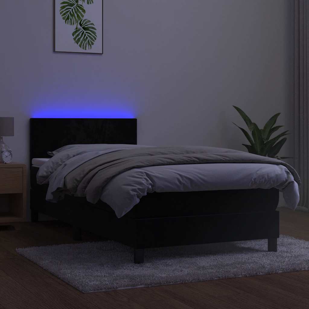 Lova su spyruokliniu/čiužiniu/LED, juoda, 90x190 cm, aksominė