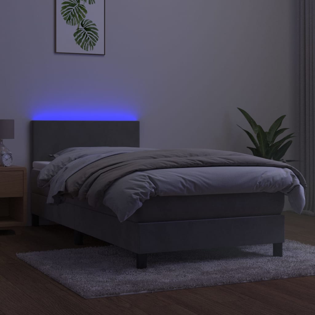 Lova su spyruokliniu/čiužiniu/LED, šviesiai pilka, 90x200cm, aksomas