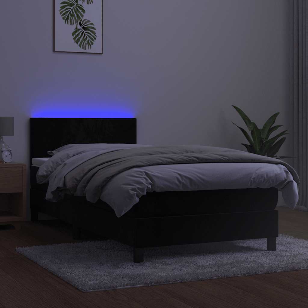 Lova su spyruokliniu/čiužiniu/LED, juoda, 90x200 cm, aksominė