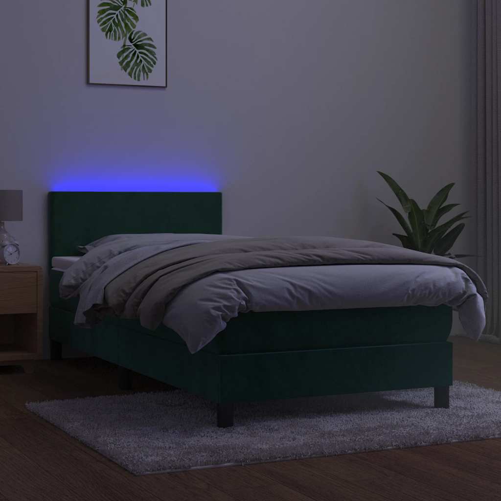 Lova su spyruokliniu/čiužiniu/LED, tamsiai žalia, 100x200cm, aksomas