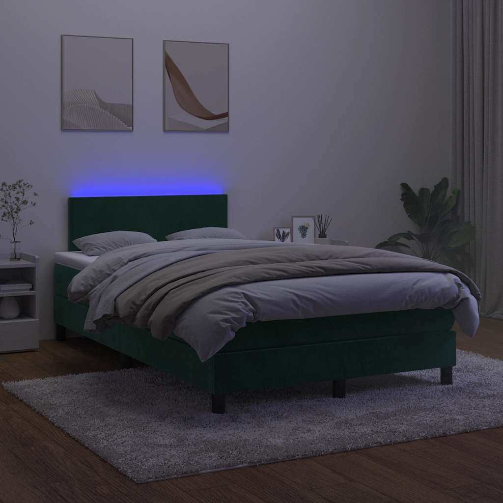 Lova su spyruokliniu/čiužiniu/LED, tamsiai žalia, 120x200cm, aksomas