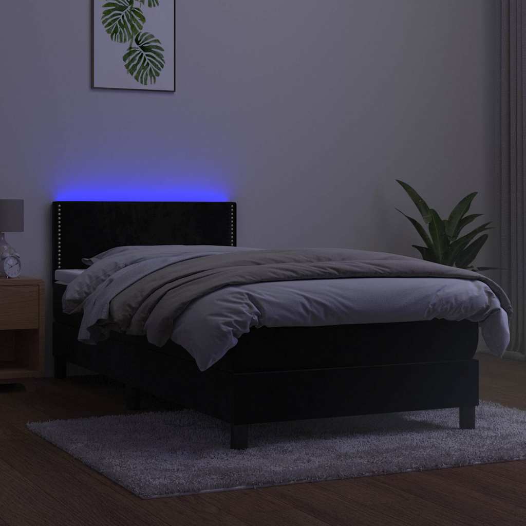 Lova su spyruokliniu/čiužiniu/LED, juoda, 80x200 cm, aksominė