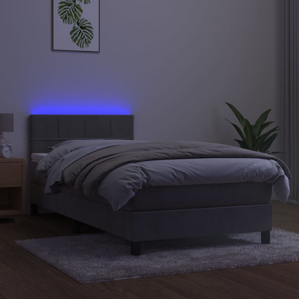 Lova su spyruokliniu/čiužiniu/LED, šviesiai pilka, 90x190 cm, aksomas