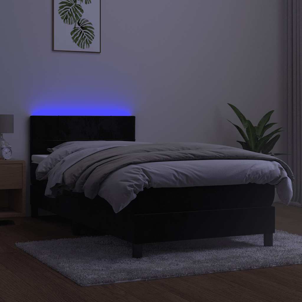 Lova su spyruokliniu/čiužiniu/LED, juoda, 100x200 cm, aksominė