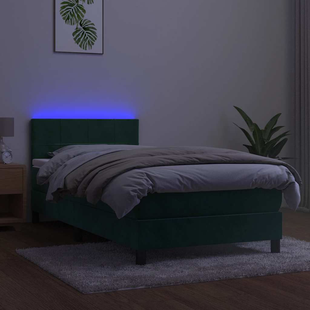 Lova su spyruokliniu/čiužiniu/LED, tamsiai žalia, 100x200cm, aksomas