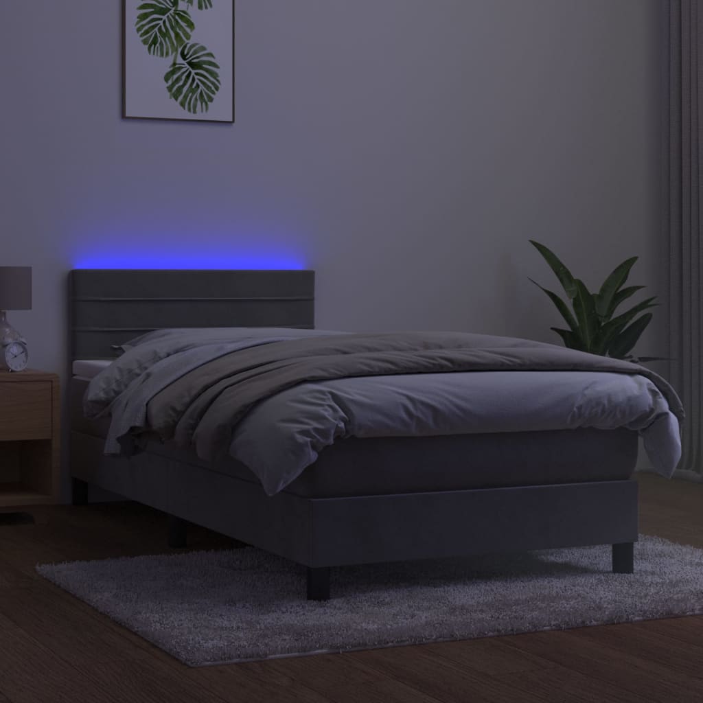 Lova su spyruokliniu/čiužiniu/LED, šviesiai pilka, 90x190 cm, aksomas