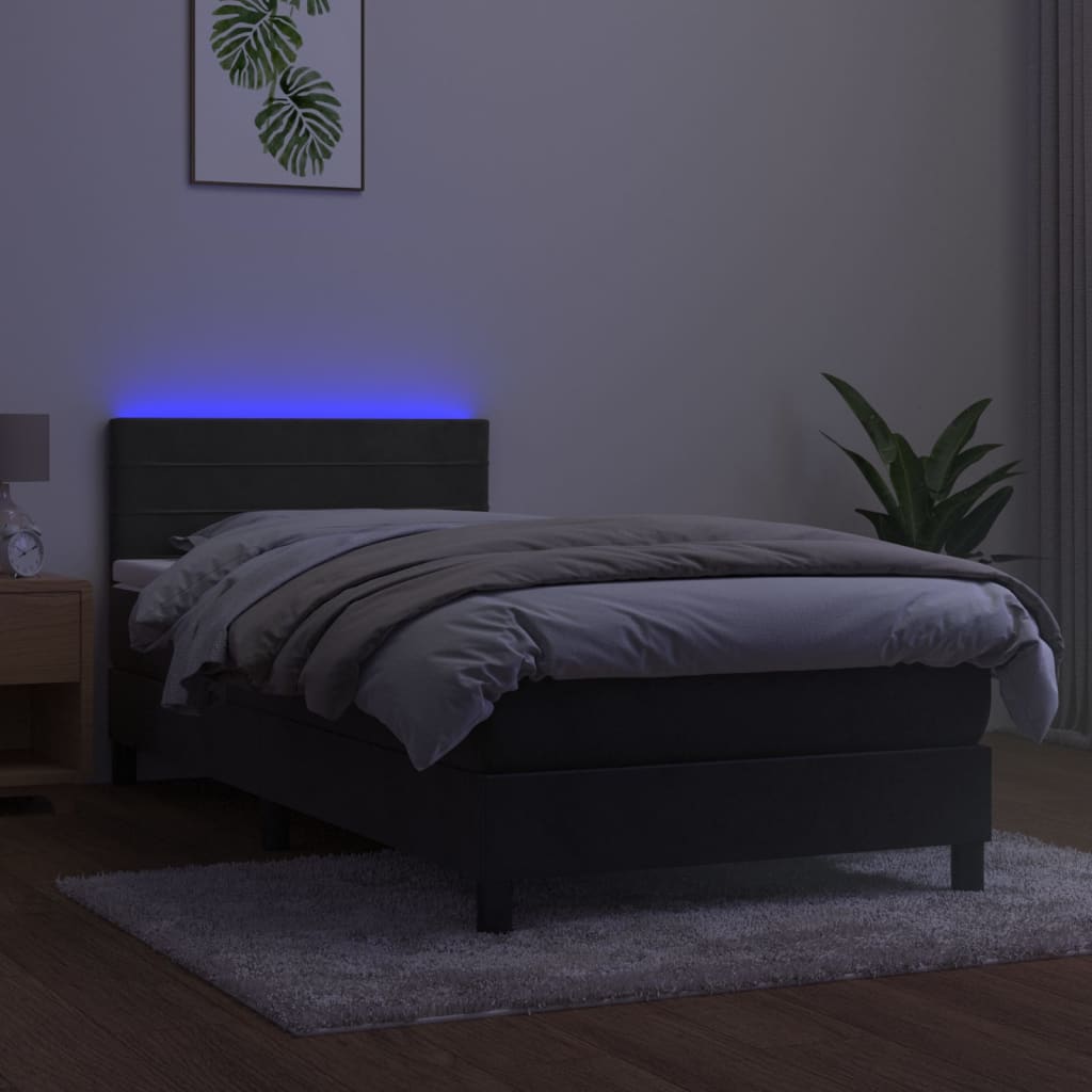 Lova su spyruokliniu/čiužiniu/LED, tamsiai pilka, 90x200cm, aksomas