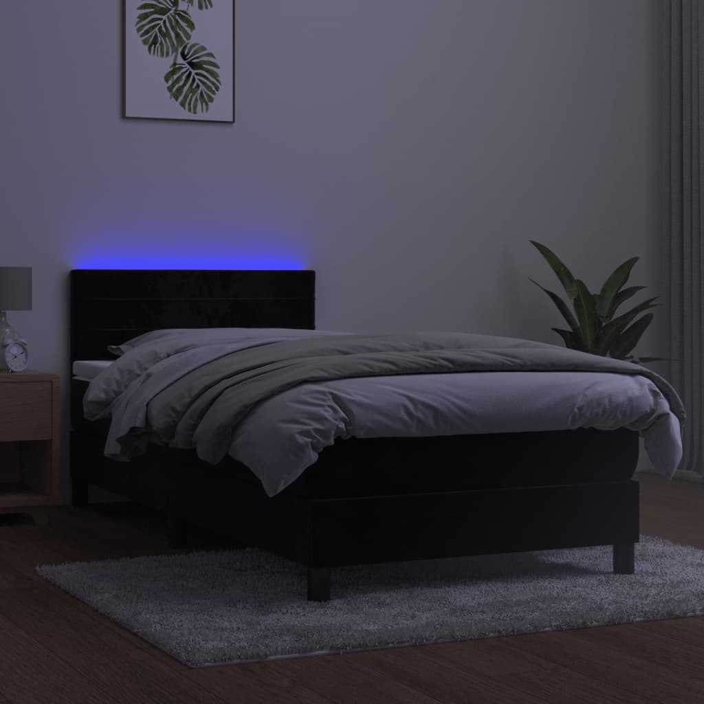Lova su spyruokliniu/čiužiniu/LED, juoda, 90x200 cm, aksominė