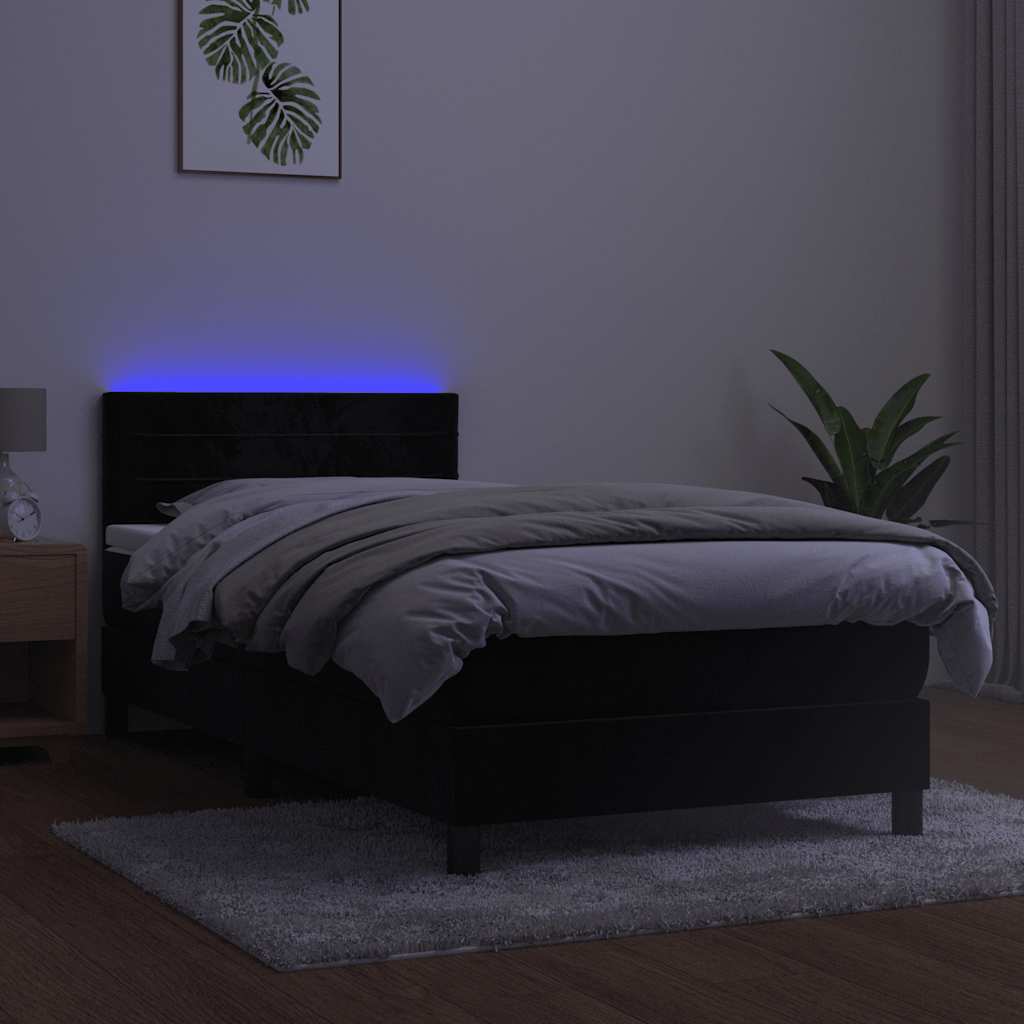 Lova su spyruokliniu/čiužiniu/LED, juoda, 100x200 cm, aksominė