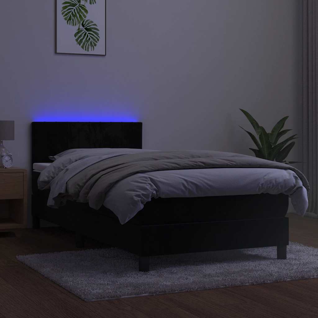 Lova su spyruokliniu/čiužiniu/LED, juoda, 90x190 cm, aksominė