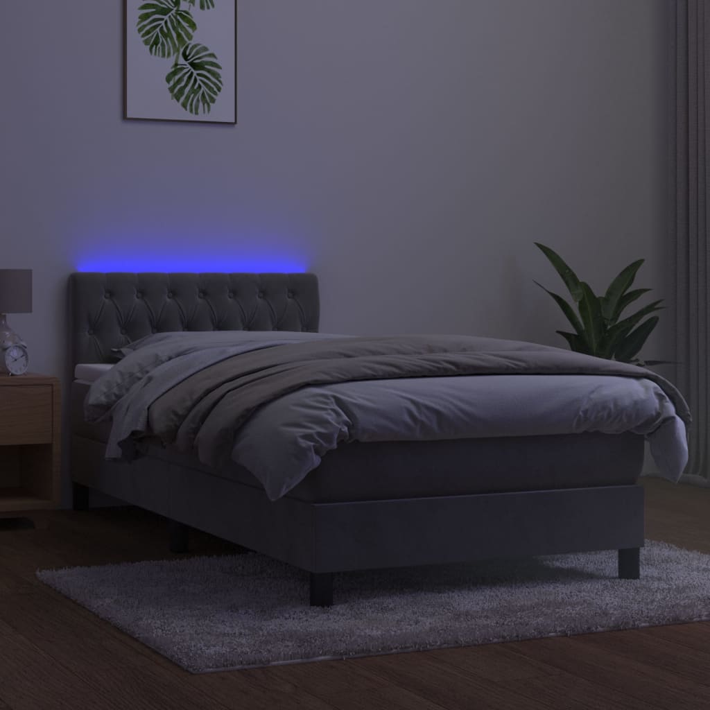 Lova su spyruokliniu/čiužiniu/LED, šviesiai pilka, 90x190 cm, aksomas