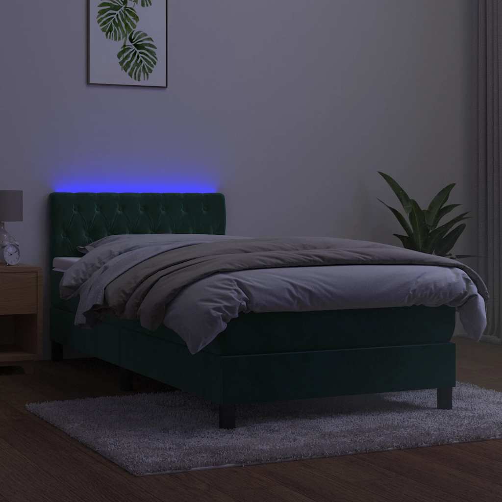 Lova su spyruokliniu/čiužiniu/LED, tamsiai žalia, 90x190 cm, aksomas