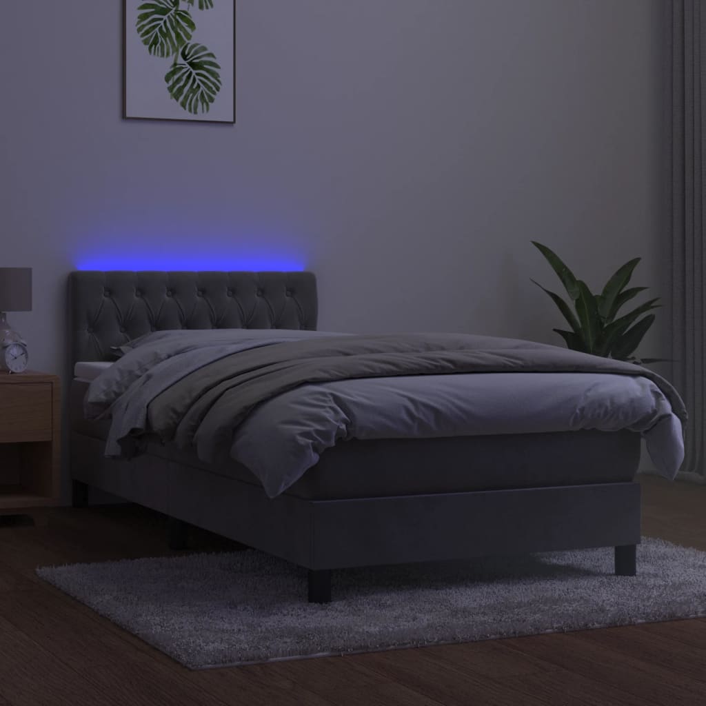Lova su spyruokliniu/čiužiniu/LED, šviesiai pilka, 90x200cm, aksomas