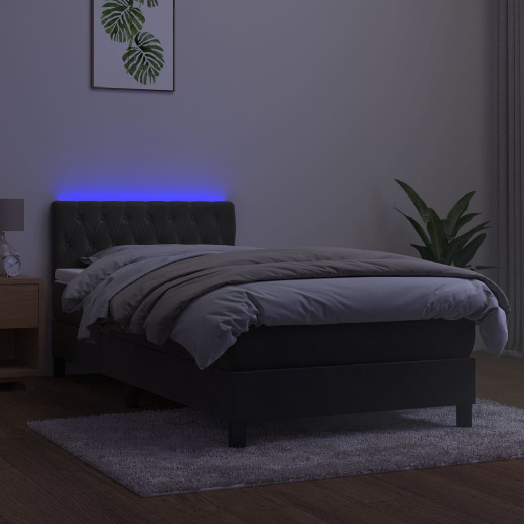 Lova su spyruokliniu/čiužiniu/LED, tamsiai pilka, 90x200cm, aksomas