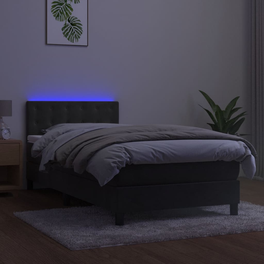 Lova su spyruokliniu/čiužiniu/LED, tamsiai pilka, 90x200cm, aksomas