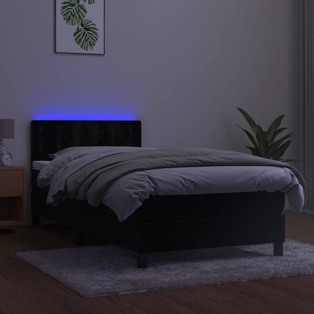 Lova su spyruokliniu/čiužiniu/LED, juoda, 100x200 cm, aksominė