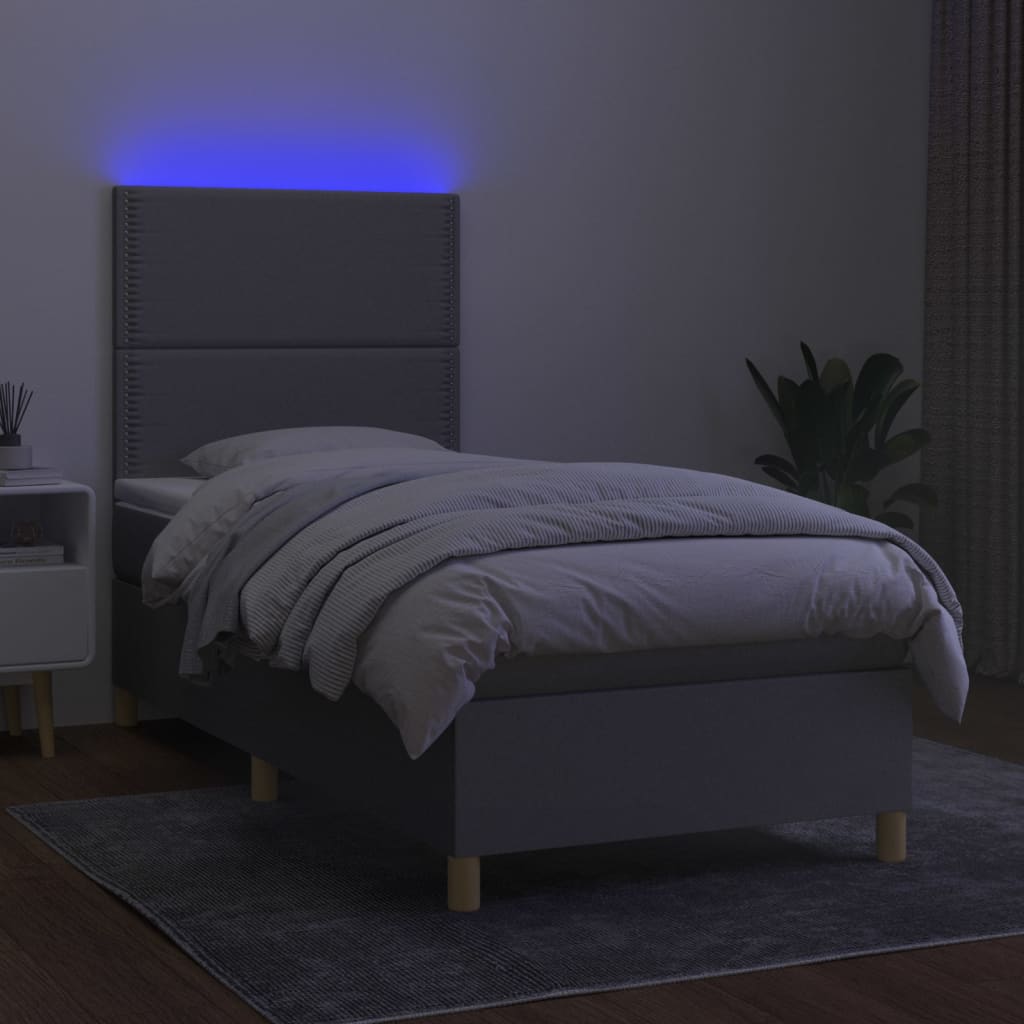 Lova su spyruoklėmis/čiužiniu/LED, pilka, 90x190 cm, audinys