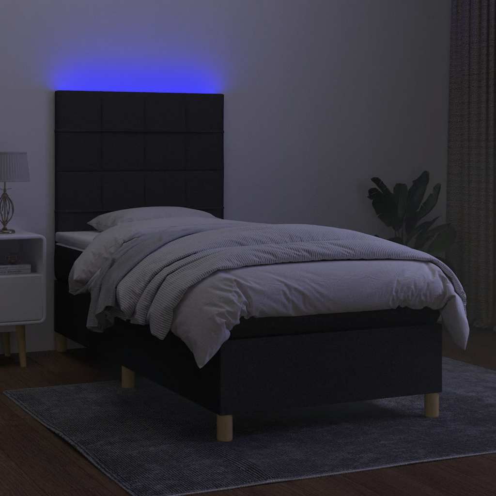 Lova su spyruoklėmis/čiužiniu/LED, juoda, 90x200 cm, audinys