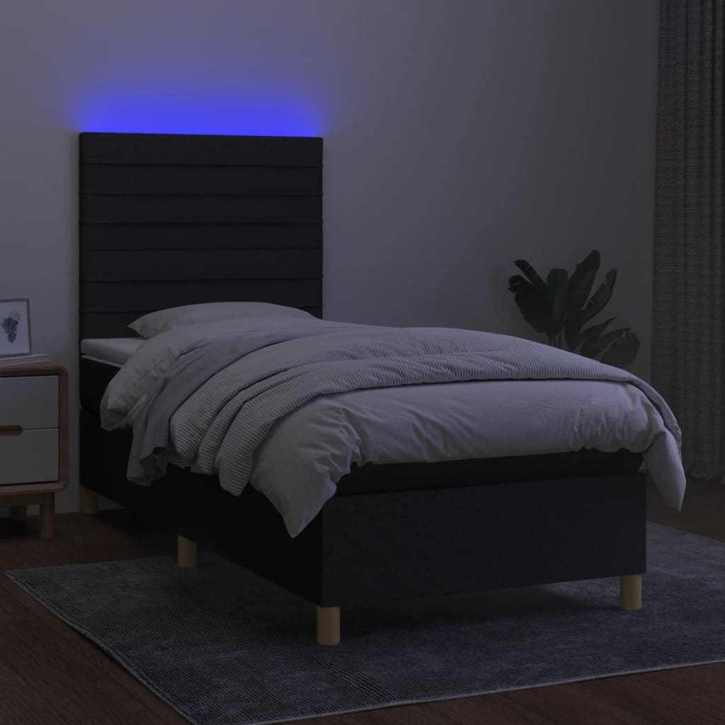 Lova su spyruoklėmis/čiužiniu/LED, juoda, 100x200 cm, audinys