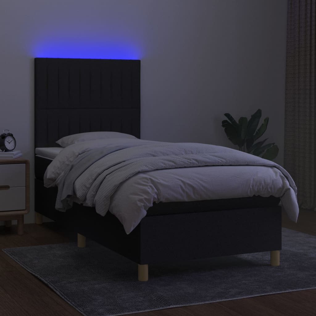 Lova su spyruoklėmis/čiužiniu/LED, juoda, 90x200 cm, audinys
