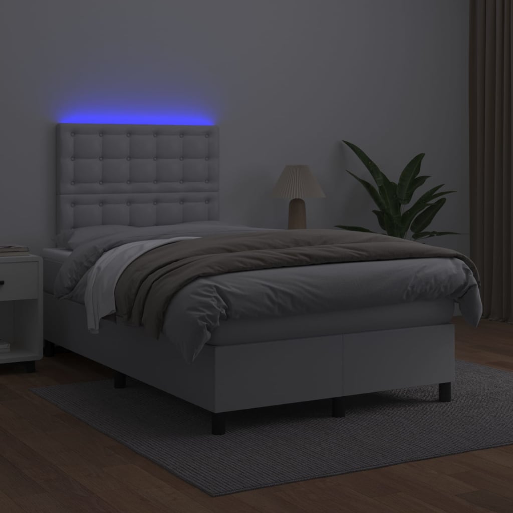 Lova su spyruoklėmis/čiužiniu/LED, balta 120x200cm dirbtinė oda