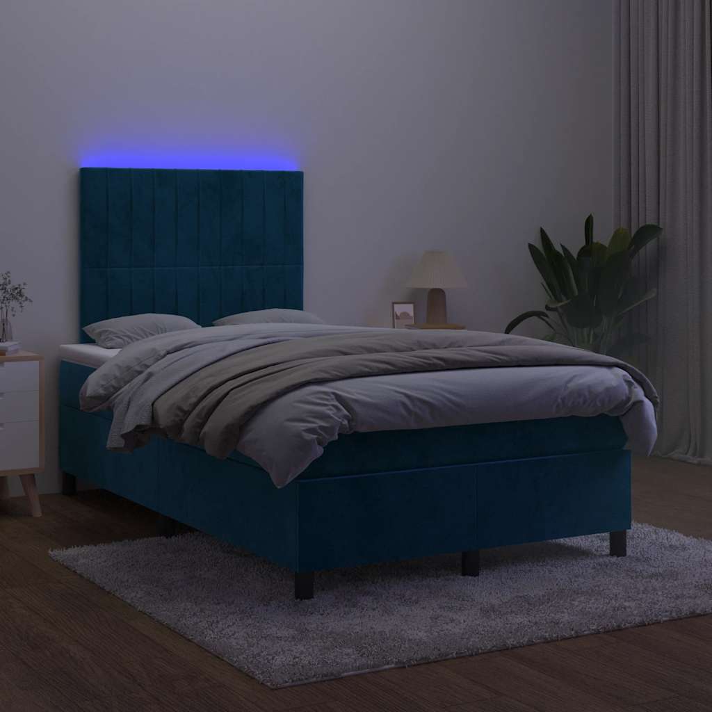 Lova su spyruoklėmis/čiužiniu/LED, mėlyna, 120x200cm, aksomas